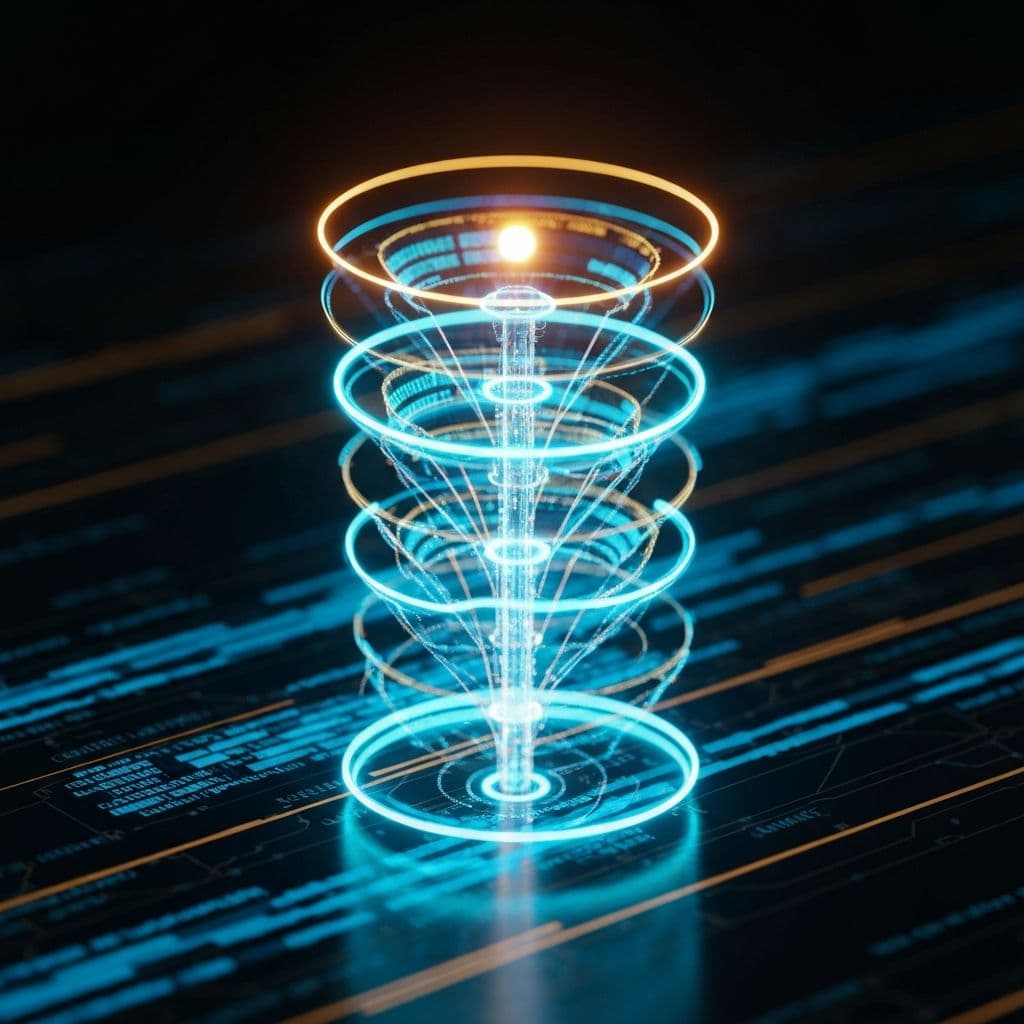 AI-driven marketing automation showing holographic customer journey funnel with data flowing and conversion metrics