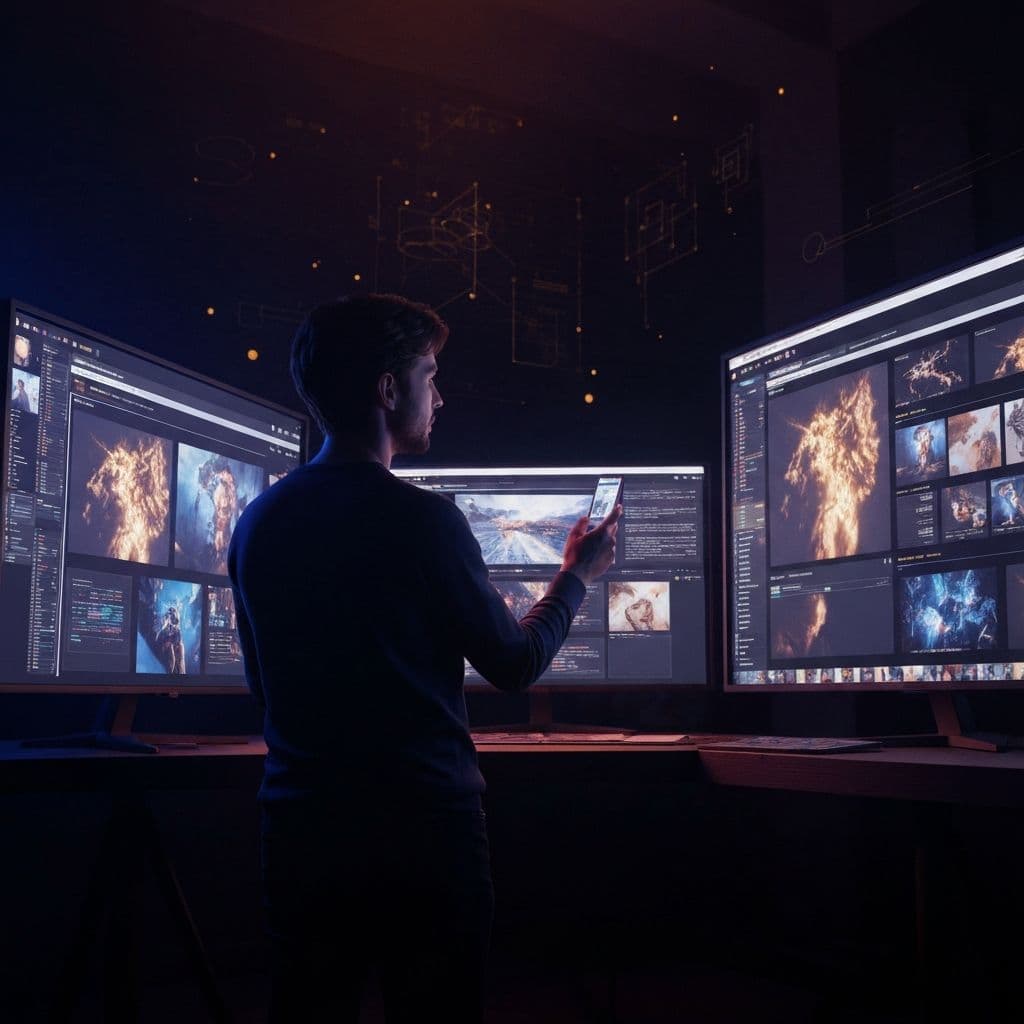 Creative direction in generative AI media showing director reviewing AI-generated visual concepts on large screens