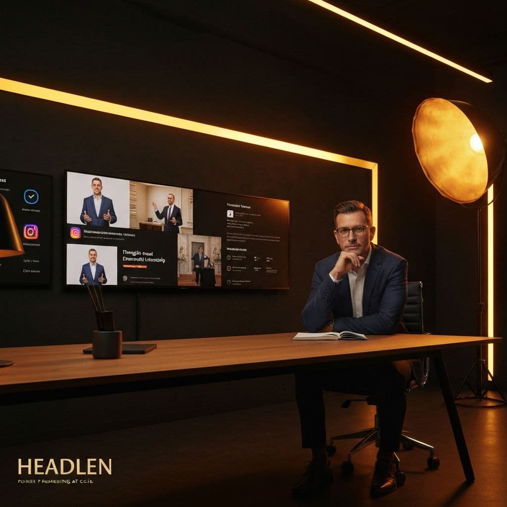 Founder personal branding showing confident entrepreneur with social media profiles and thought leadership content on screens