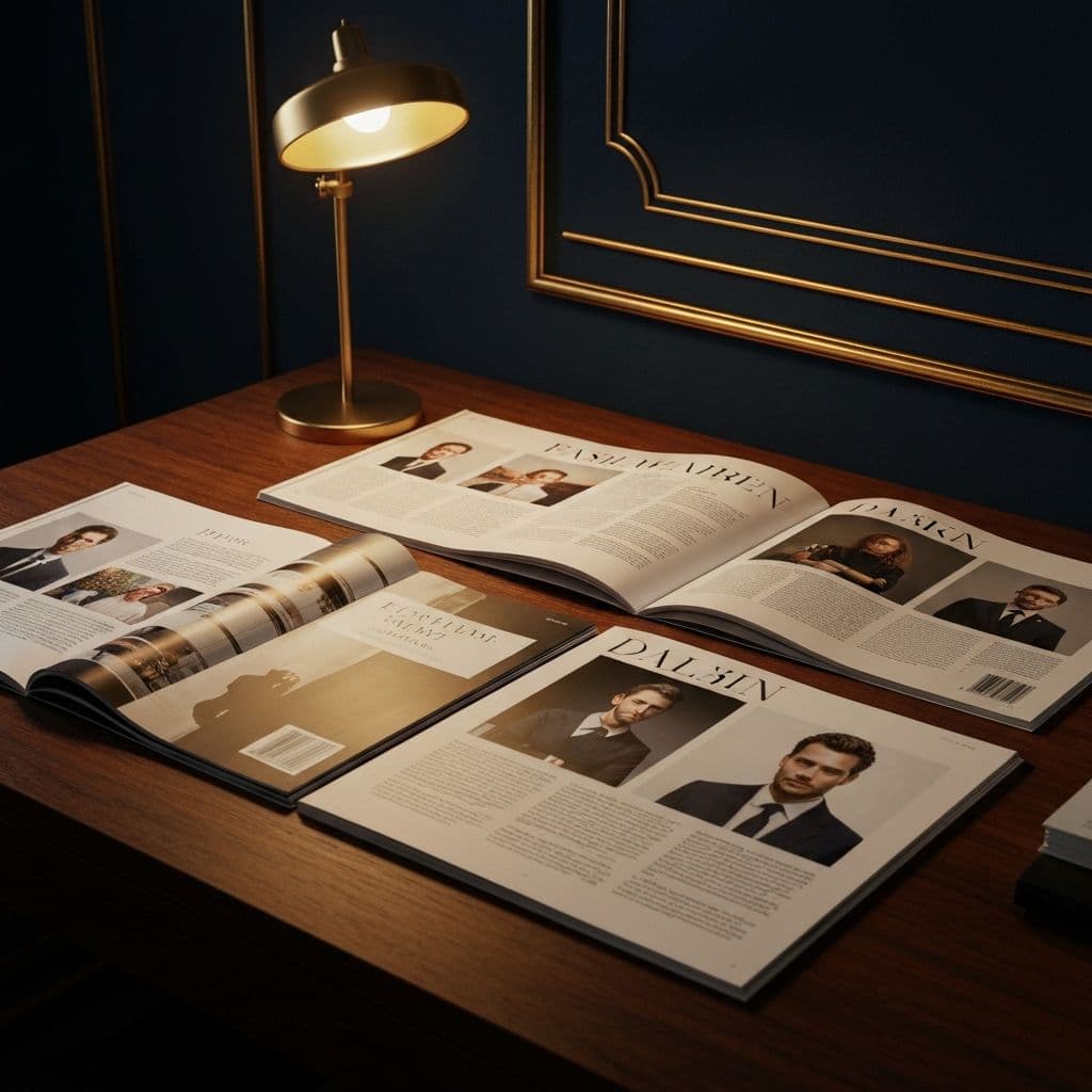 The Builder's Magazine editorial spreads and founder storytelling content displayed in a premium publishing studio environment