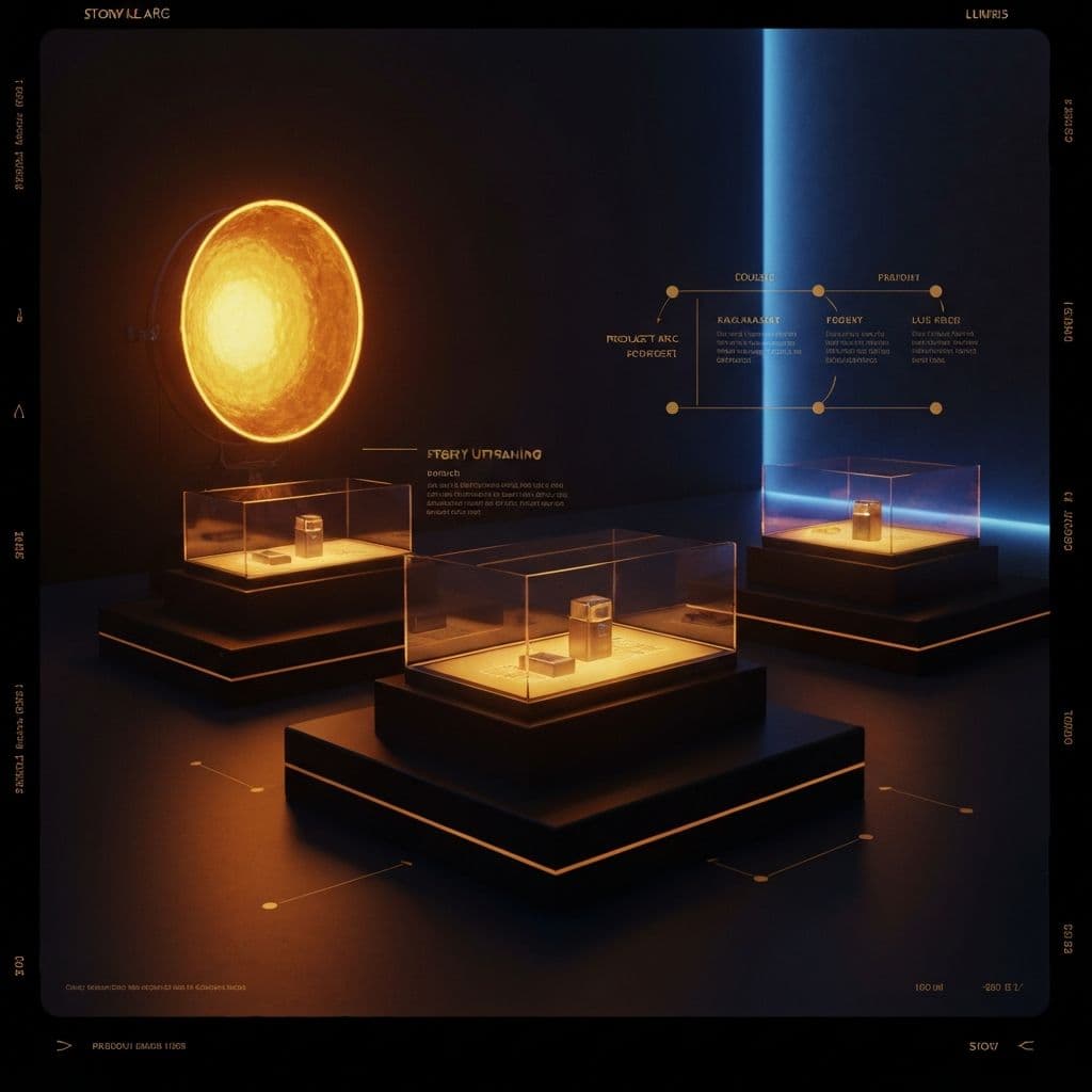 Product launch through storytelling showing narrative arc visualization with product journey from concept to market success