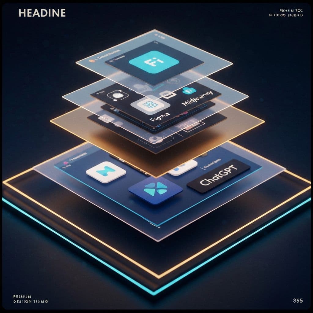 Modern creative technology stack showing layered holographic displays of AI tools, Figma, Midjourney interfaces in a futuristic design studio