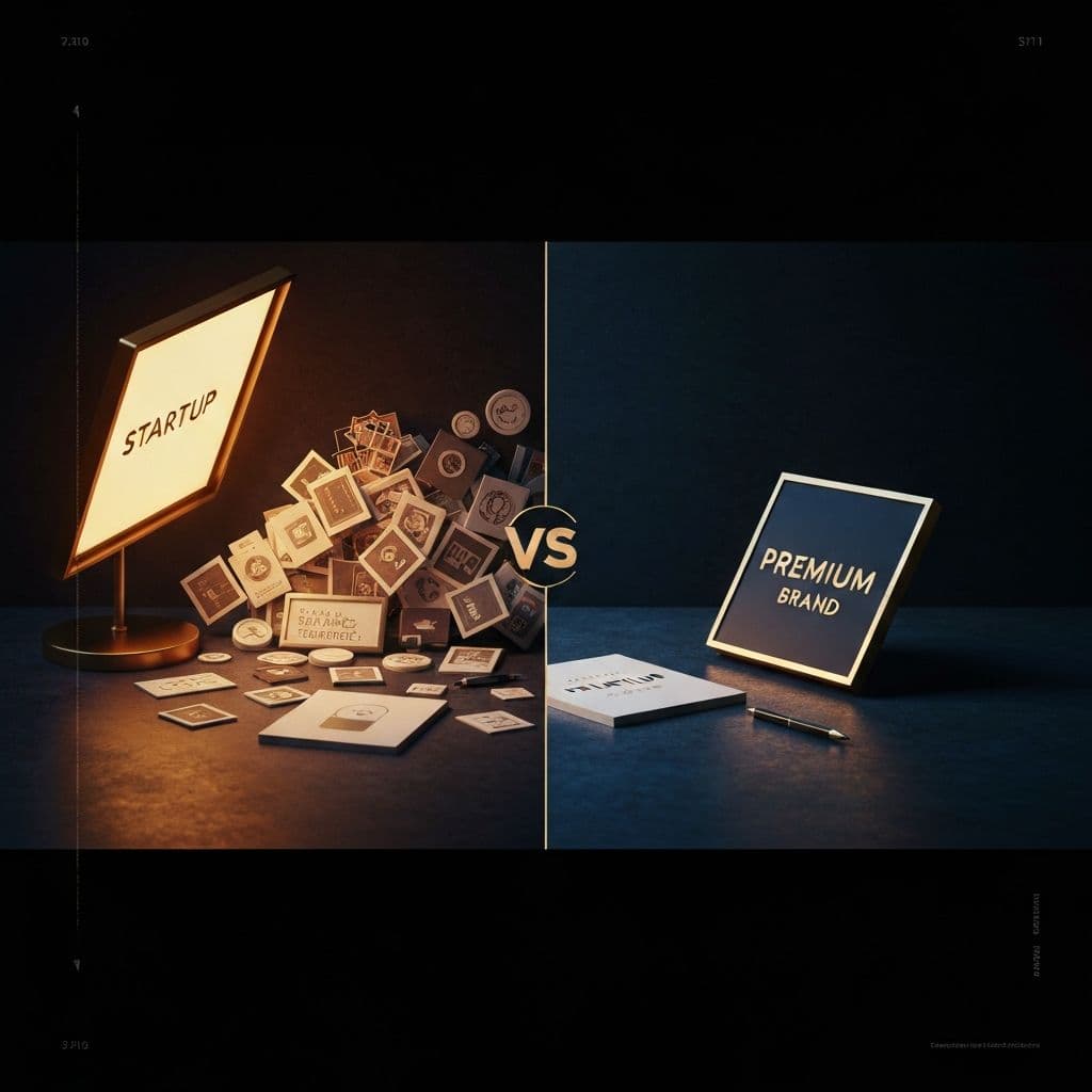 Startup branding transformation showing contrast between generic brand elements and polished premium brand identity